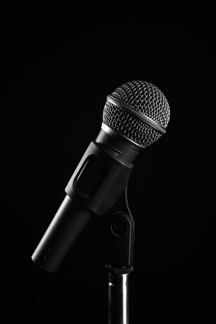 our-services-2 Studio shot of a microphone on a stand with a black background, ideal for audio and music concepts.